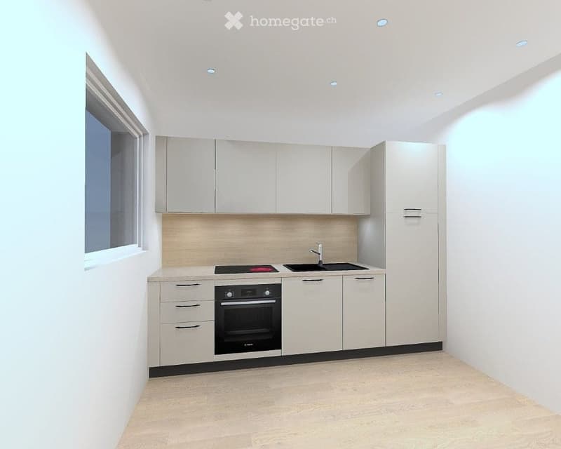 Modern, minimalist kitchen with white cabinets, a built-in oven, a sink with a modern faucet, and a sleek countertop.