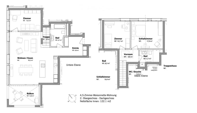 Floor plan of a 4.5-room maisonette apartment, second and attic floors, with living/dining area, bedrooms, bathrooms, and balcony.