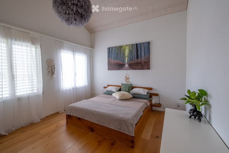 Cozy bedroom with wooden flooring, a large bed with multiple pillows, a nightstand, a plant, and decorative dreamcatchers.