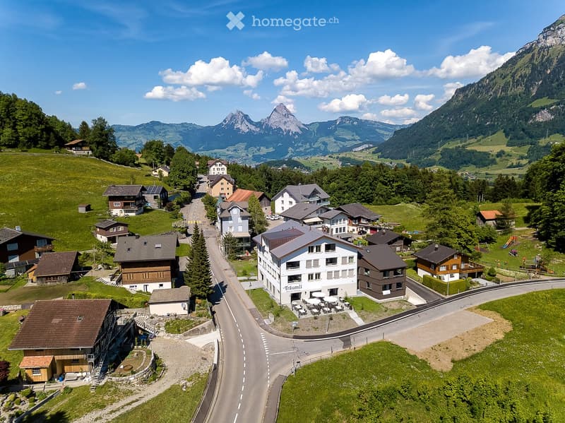 Aerial view of a small village nestled in a green valley surrounded by mountains. The village features several houses with varied architectural styles, a central road, and a restaurant with outdoor seating. The landscape is lush with trees and grass, and