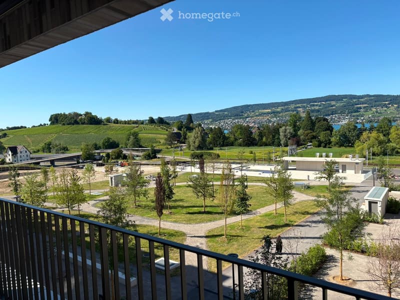 Balcony overlooking a landscaped park area with pathways, trees, and distant cityscape with hills and a lake.
