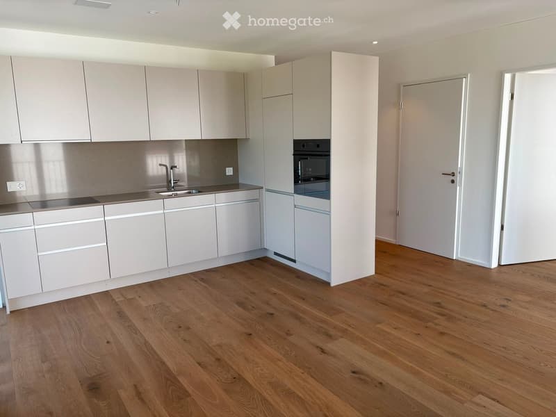 Empty kitchen with light grey cabinets, stainless steel sink, and wooden flooring.