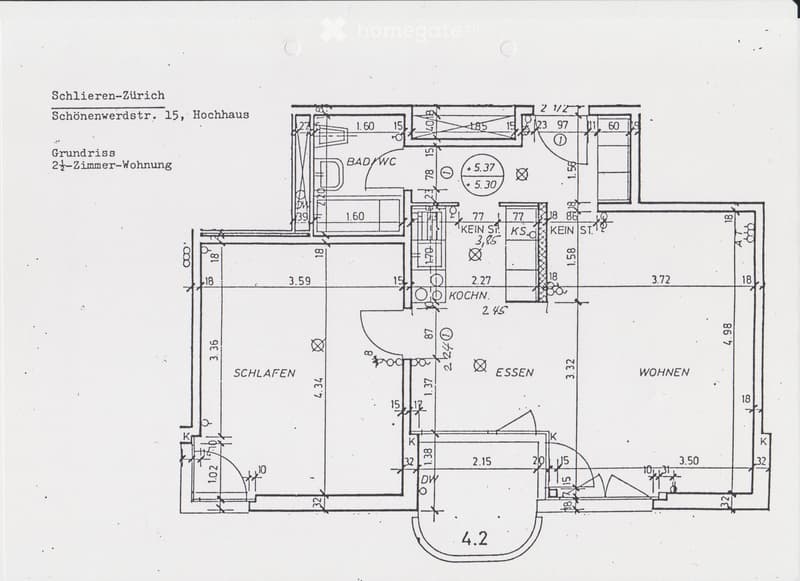 Floor plan of a 2.5-room apartment in Schlieren-Zurich, showing a bathroom/WC, kitchen, sleeping area, dining area, and living area with dimensions labeled.