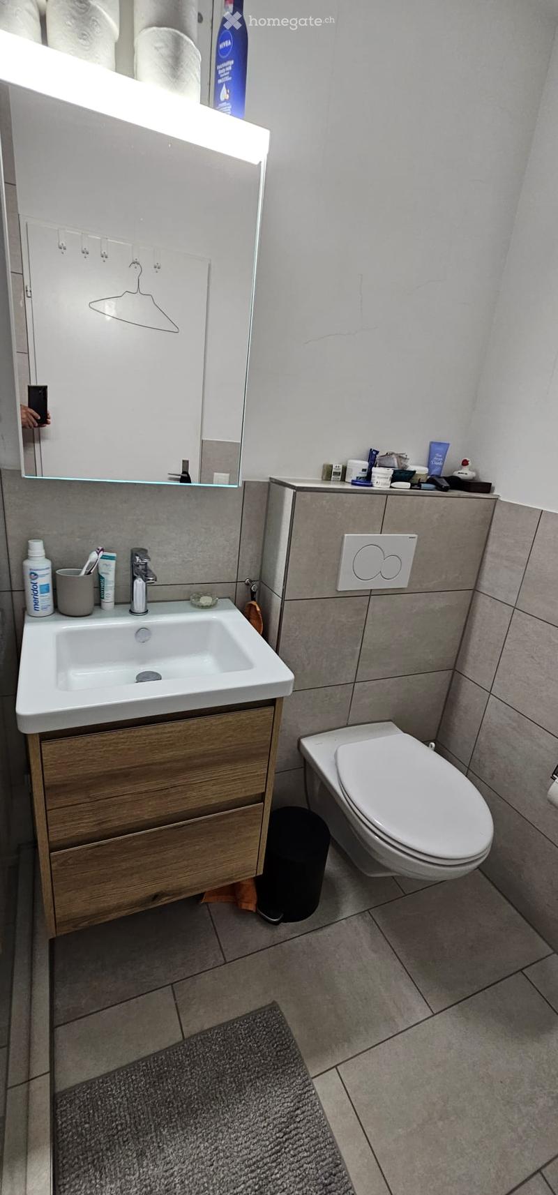 Modern bathroom with a white sink, wooden cabinet, mirror, and toilet. Includes a cup, toothbrush, toothpaste, and a bottle on the sink counter.
