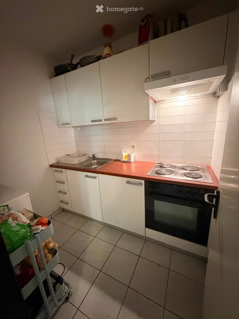 Modern kitchen with white cabinets, wooden countertops, stainless steel sink, induction stove, and oven. A small cart with groceries is visible in the foreground.