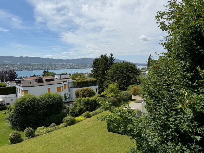 A well-maintained garden with neatly trimmed hedges and a lawn, featuring a modern white house with yellow shutters and a flat roof, surrounded by trees and overlooking a scenic lake and distant mountains.
