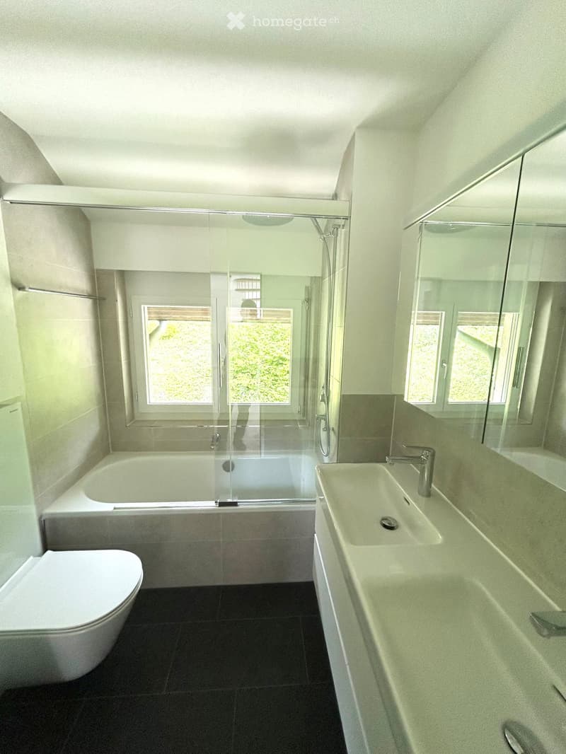 Modern bathroom with a bathtub, toilet, sink, and large mirror. Features a glass shower enclosure and natural light from windows.