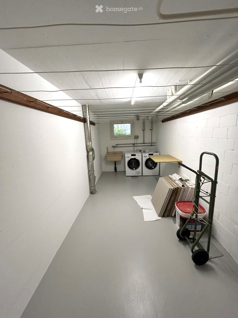 Laundry room with washing machine, sink, small table, cart, and trash bin.