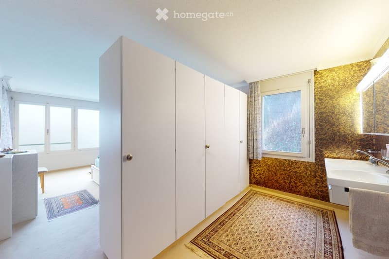 Modern bathroom with a sink, mirror, large white cabinet, and patterned rugs on the floor.