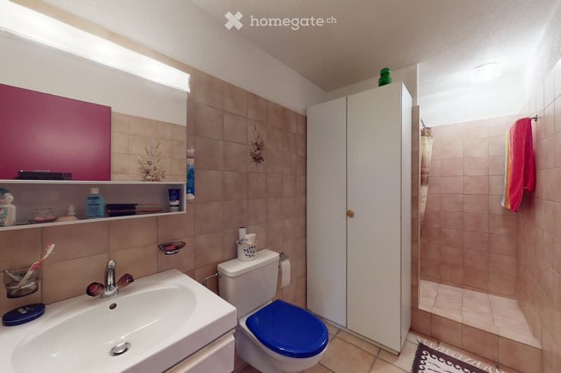 Bathroom with beige tiles, white sink, blue toilet seat, mirror with shelves, and various toiletries.