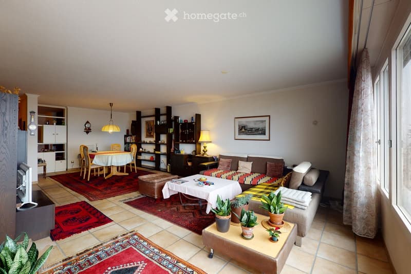 A cozy living room with a sectional sofa, coffee table, ottoman, dining area with a table and chairs, potted plants, and decorative rugs.