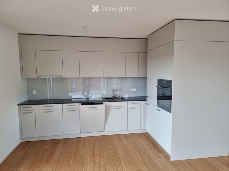 Modern kitchen with white cabinets, black countertops, and a stainless steel sink.