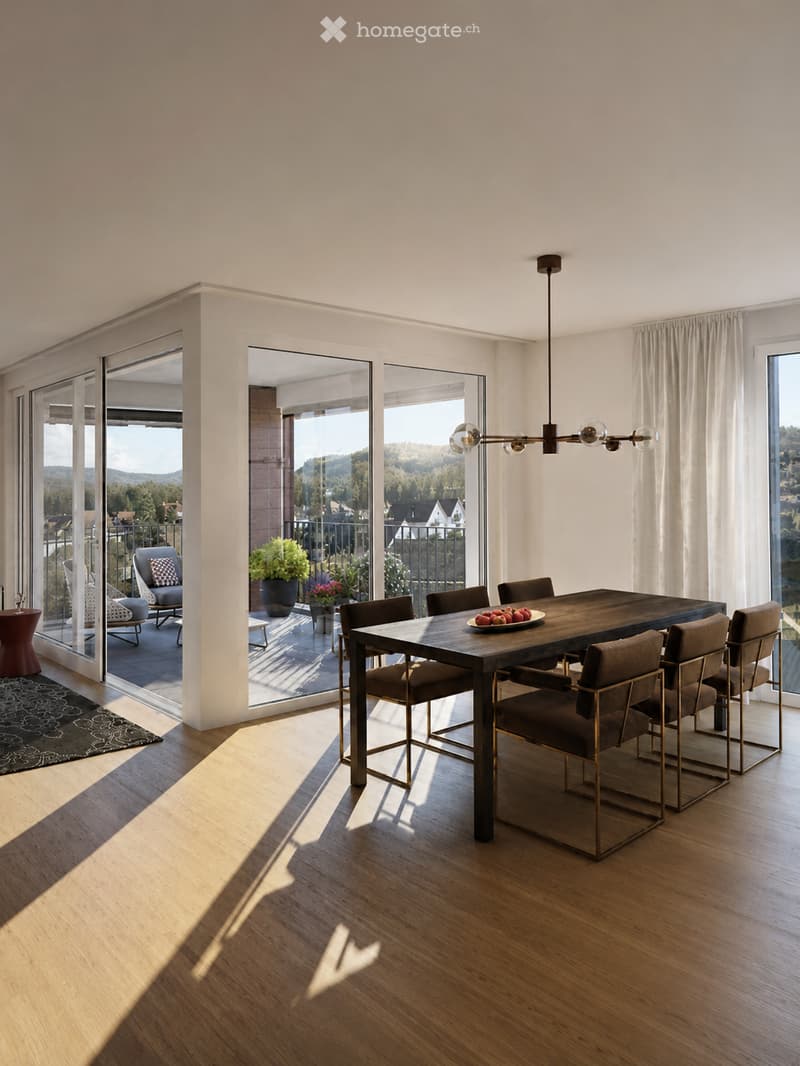 Modern dining room with wooden floor, large glass sliding doors leading to a balcony, a dark wooden dining table with six chairs, a pendant light fixture, and a patterned rug.