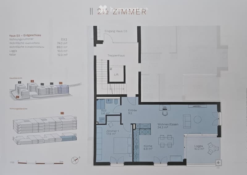 Floor plan of a 2.5-room apartment on the ground floor of House D3, including a living/dining area, kitchen, bedroom, bathroom, entrance, staircase, and loggia.