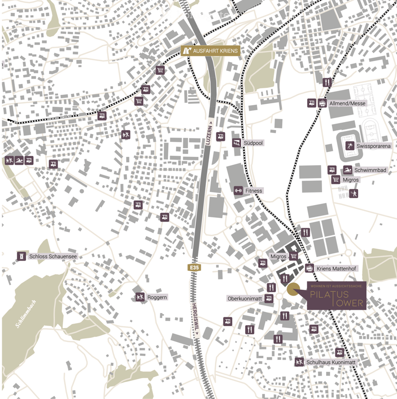 Map showing the location of Pilatus Tower in a city, with surrounding landmarks, transportation routes, and nearby amenities.
