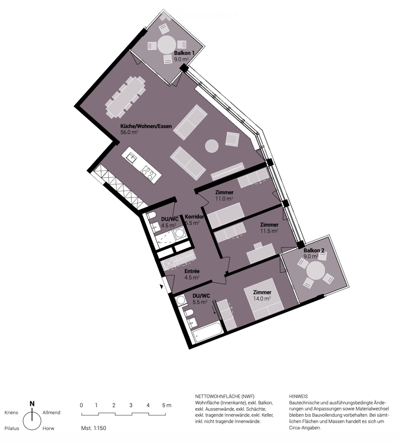 Floor plan of a residential unit featuring a combined kitchen/living/dining area, two bedrooms, two bathrooms, a corridor, an entrance, and two balconies.