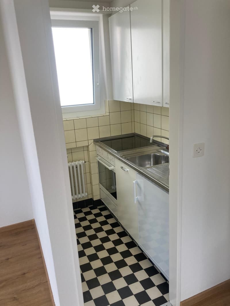 Modern kitchen with white cabinets, stainless steel sink, oven, and radiator. Checkered black and beige tile floor, wooden flooring visible in adjacent area.