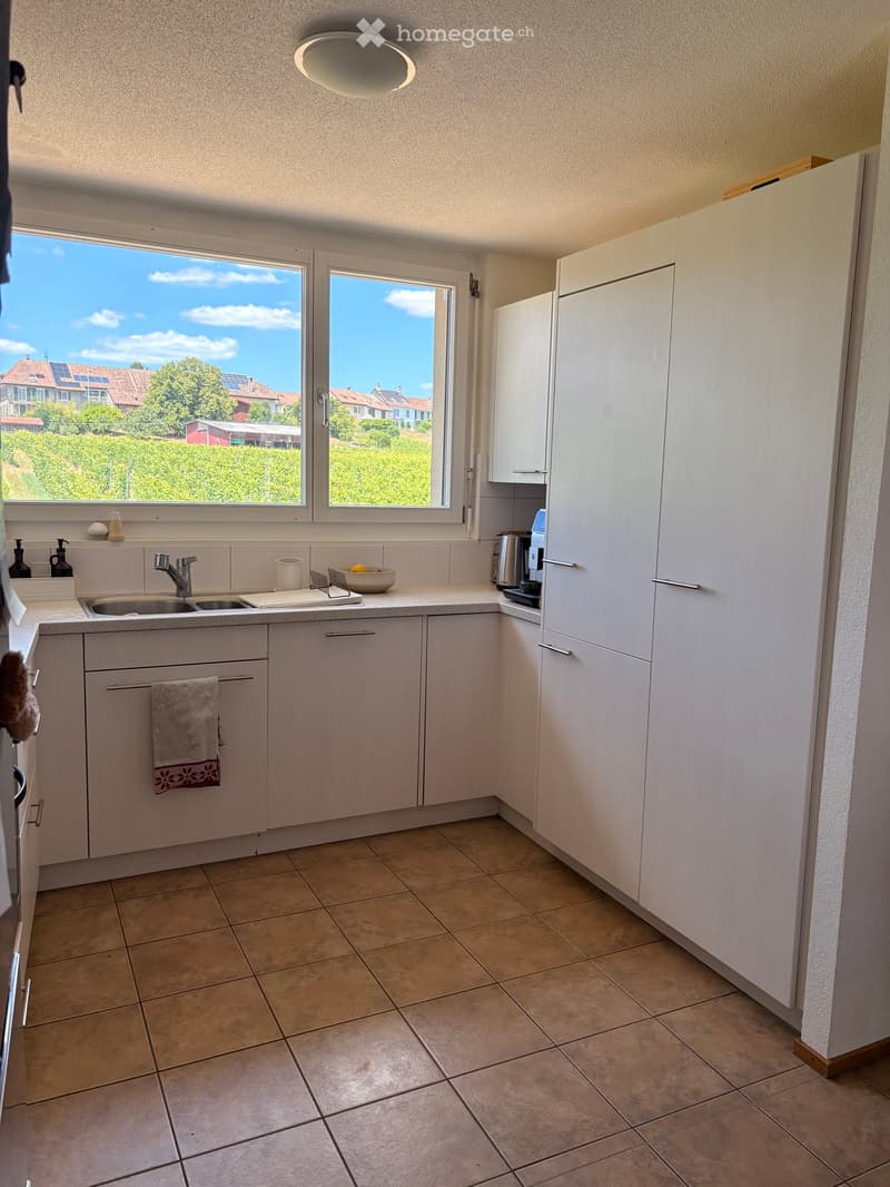 Modern kitchen with white cabinets, beige tiled floor, and large windows offering a view of a green landscape. Features a sink, faucet, cup, bowl, coffee maker, and a towel hanging on the cabinet.
