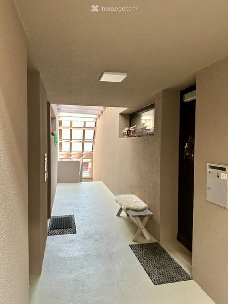 A narrow hallway with a bench, small rug, and a view to an outdoor area through a glass door.