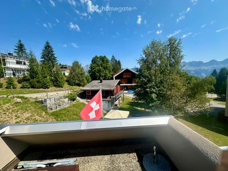 Balcony with a scenic mountain view, featuring a Swiss flag, umbrella, and surrounding greenery.