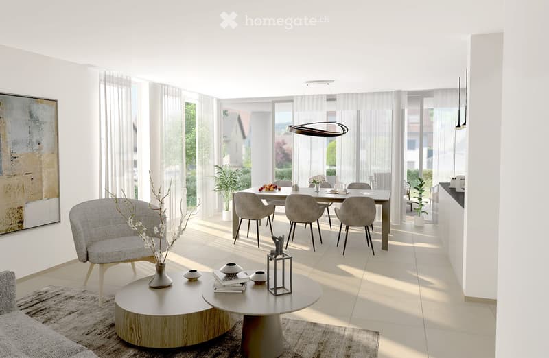 Bright, modern living and dining area with large windows, white walls, and light-colored furniture including a sofa, coffee table, dining table, and chairs. Decor includes vases, books, and a potted plant.