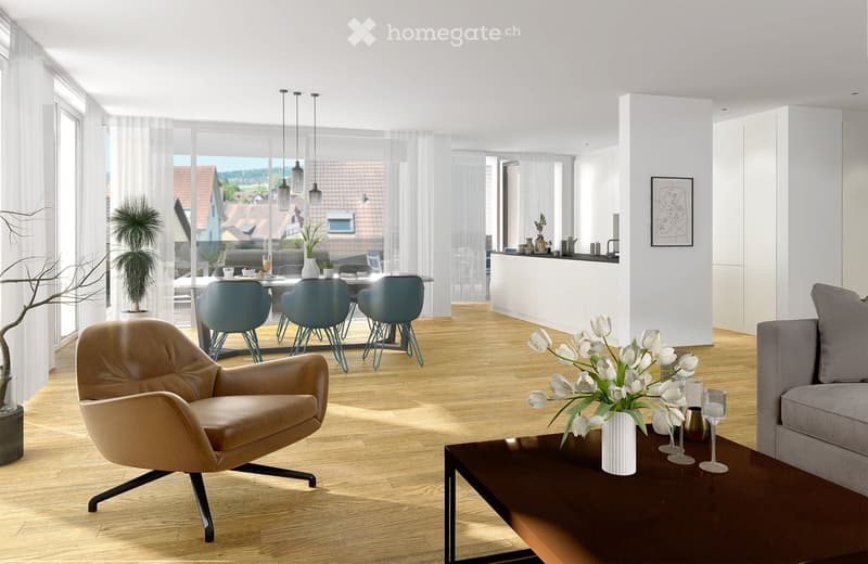 Modern living and dining area with light wooden flooring, large windows, pendant lights, a grey sofa, a brown leather armchair, a dark coffee table with a vase of white flowers, and a dining table with four blue chairs.