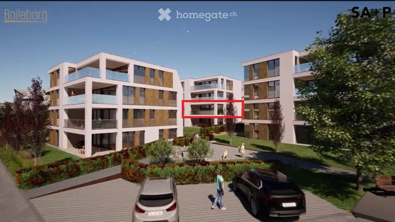 A modern multi-story residential building with balconies, surrounded by greenery and a parking area.