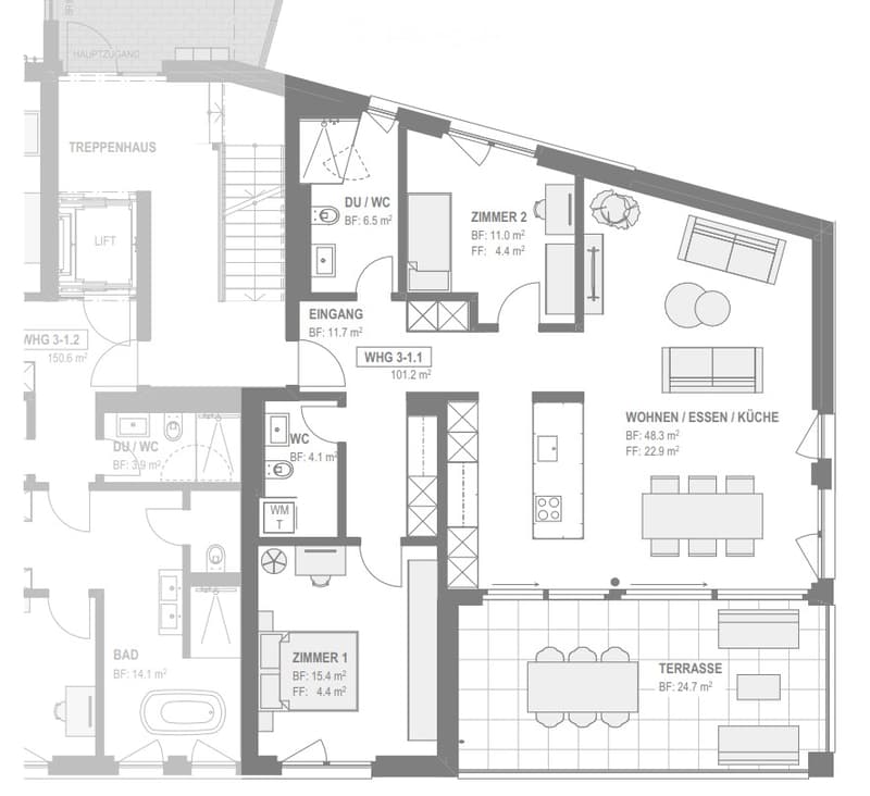Floor plan of a residential unit featuring a living/dining/kitchen area, two bedrooms, two bathrooms, a terrace, and an entrance hall.