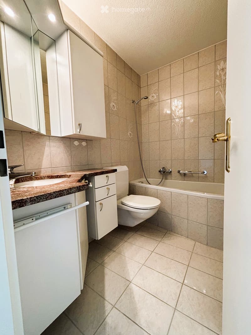 Bathroom with beige tiled walls and floor, white cabinetry, a sink with a granite countertop, a toilet, and a bathtub with a handheld showerhead.