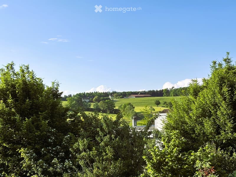 A serene rural landscape with lush green fields, scattered trees, and a few houses in the distance under a clear blue sky.