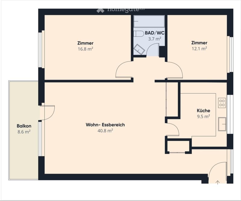 Floor plan showing a living-dining area, kitchen, two bedrooms, and a bathroom with a balcony.