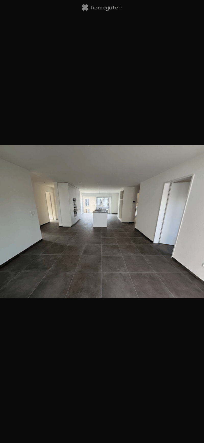 Empty room with dark tiled floor, white walls, and white cabinetry visible in the background.