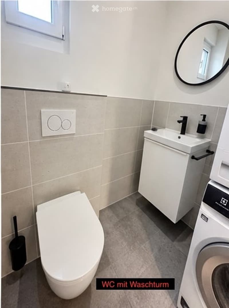 Modern bathroom with a toilet, sink, mirror, cabinet, and a private washing machine. Light-colored tiles and a grey floor.