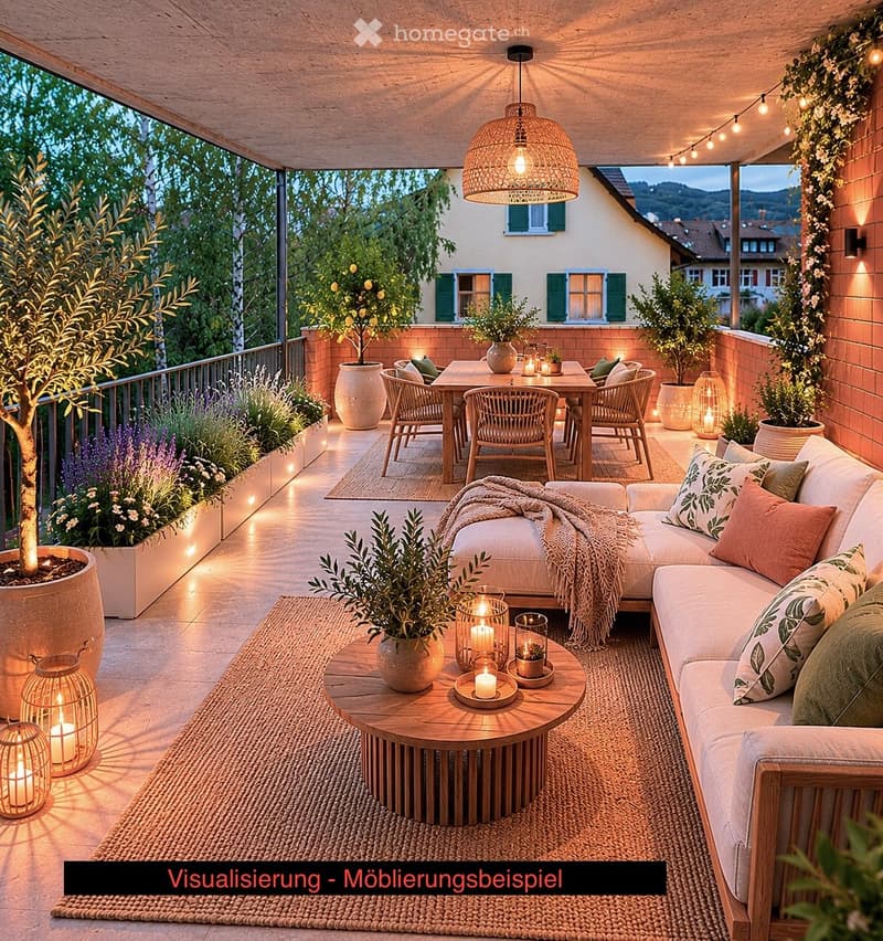 A cozy outdoor balcony with a sofa, coffee table, dining table, chairs, and decorative plants.