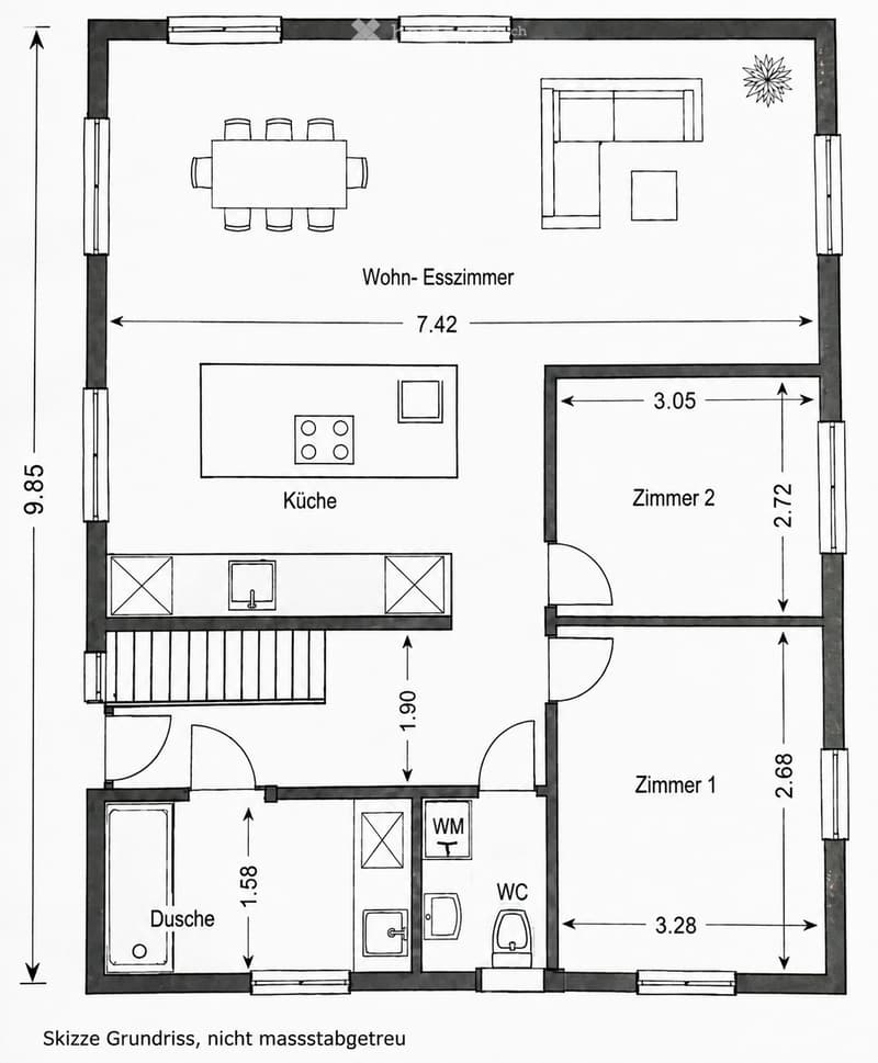 Floor plan of a compact apartment layout including a living-dining area, kitchen, two bedrooms, bathroom, and WC.
