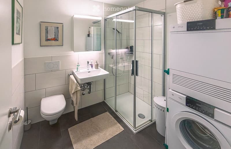 Modern bathroom with a toilet, sink, mirror, glass-enclosed shower, and a washing machine. Includes a towel, picture frames, and a small rug.