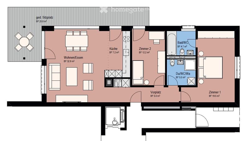 Floor plan of a 2-bedroom apartment with living/dining area, kitchen, two bathrooms, and a balcony.
