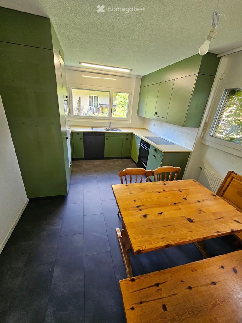 Kitchen with green cabinets, a wooden dining table, and chairs, featuring a dishwasher, oven, and sink.