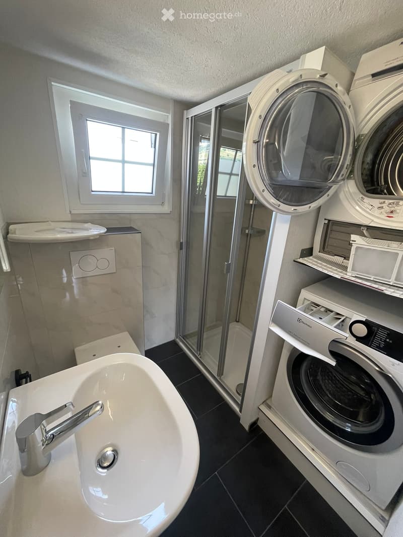 Modern bathroom with a bathtub, washing machine, dryer, and a glass-enclosed shower area.
