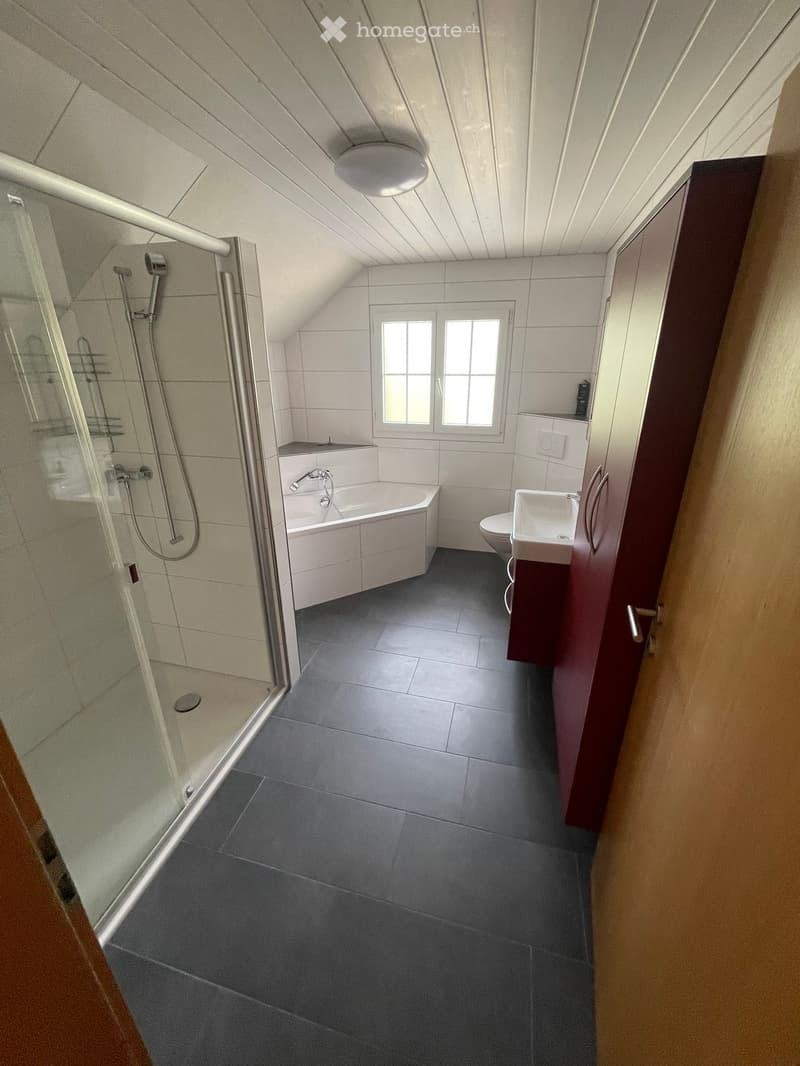 Modern bathroom with a bathtub, toilet, sink, and walk-in shower. Features grey tiles, white walls, and a window with multiple panes.