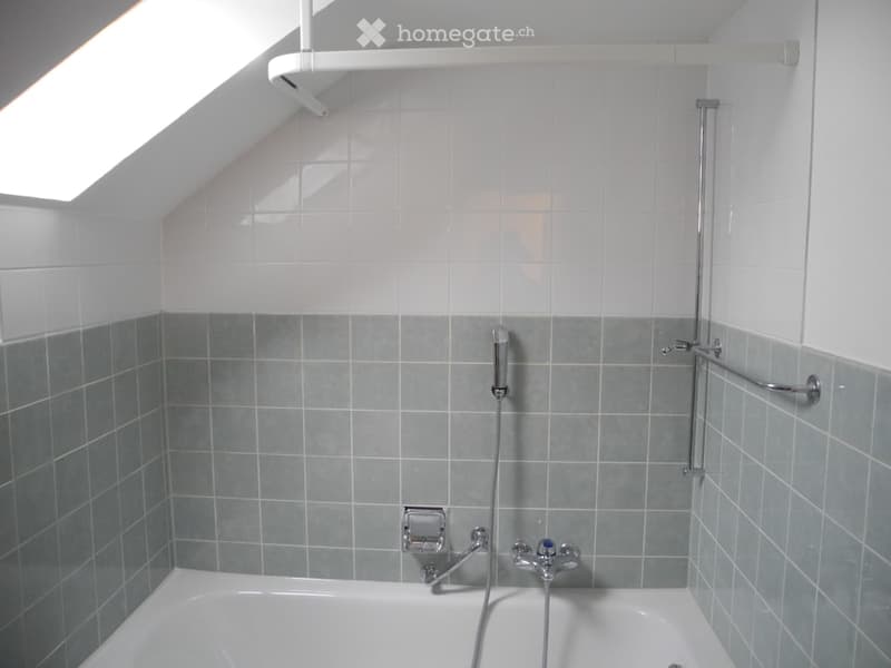 Bathroom with white bathtub, gray tiles, white ceiling, shower head, and faucets