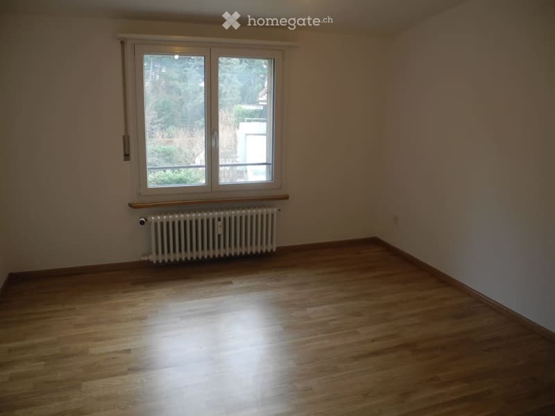 empty room, wooden floor, white walls, large window, white radiator