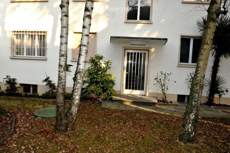 white exterior, metal gate, windows with shutters, small garden with plants and trees