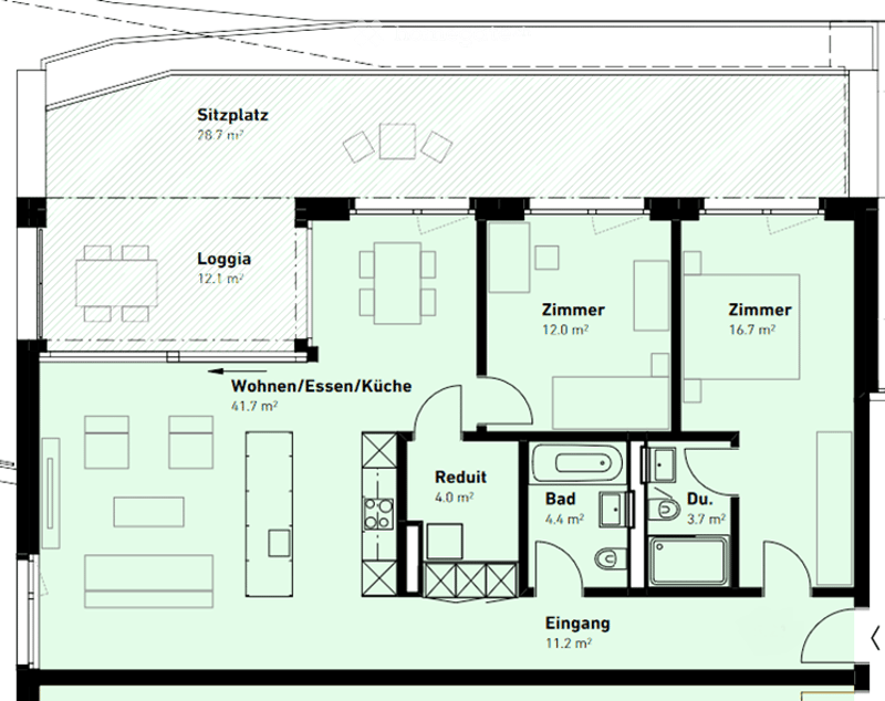 The floor plan shows a 2-bedroom apartment with a living room/kitchen area, a bathroom, and a balcony.