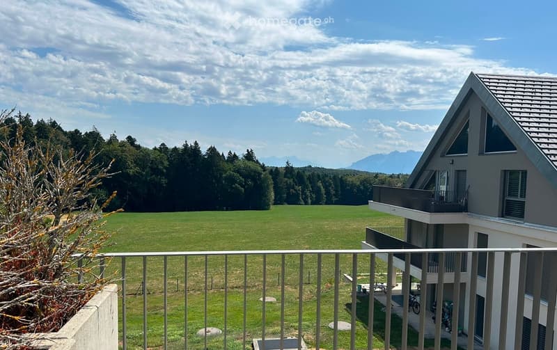 Balcony overlooking a green field and forested area with mountains in the distance under a partly cloudy sky.