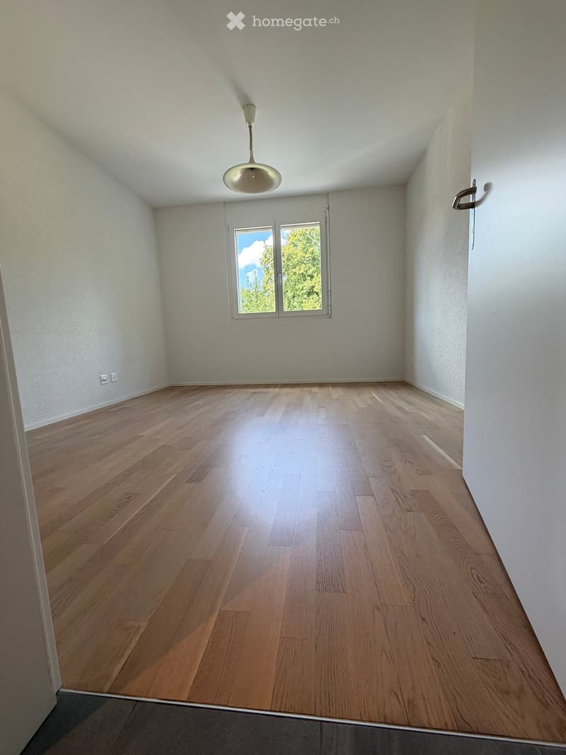 Empty room with light wooden flooring, white walls, and a single window with a view of greenery. A pendant light fixture hangs from the ceiling.