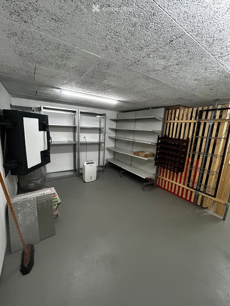 Empty storage room with metal shelving units, an air conditioner, a wine rack, and some cardboard boxes.