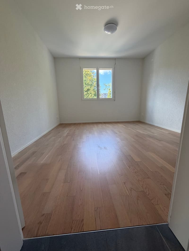 Empty room with wooden flooring, white walls, and a large window with double glass panels. The ceiling has a single round light fixture.