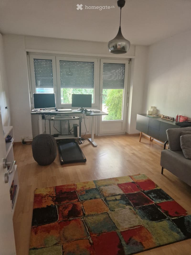 A modern living room with wooden flooring, a colorful square-patterned rug, a grey sofa, a beanie chair, a treadmill, a desk with two screens, and a hanging lamp.