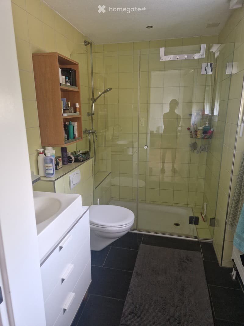 Modern bathroom with a white sink, toilet, glass-enclosed shower, wooden cabinet, and various toiletries on the counter.